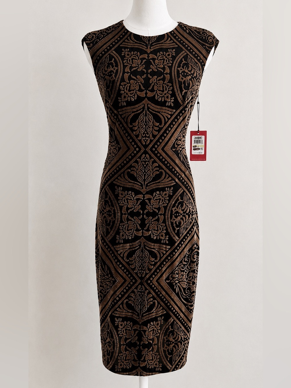 NWT Vince Camuto Velvet Burnout Sheath Dress Black Bronze Autumn Wedding Guest 4